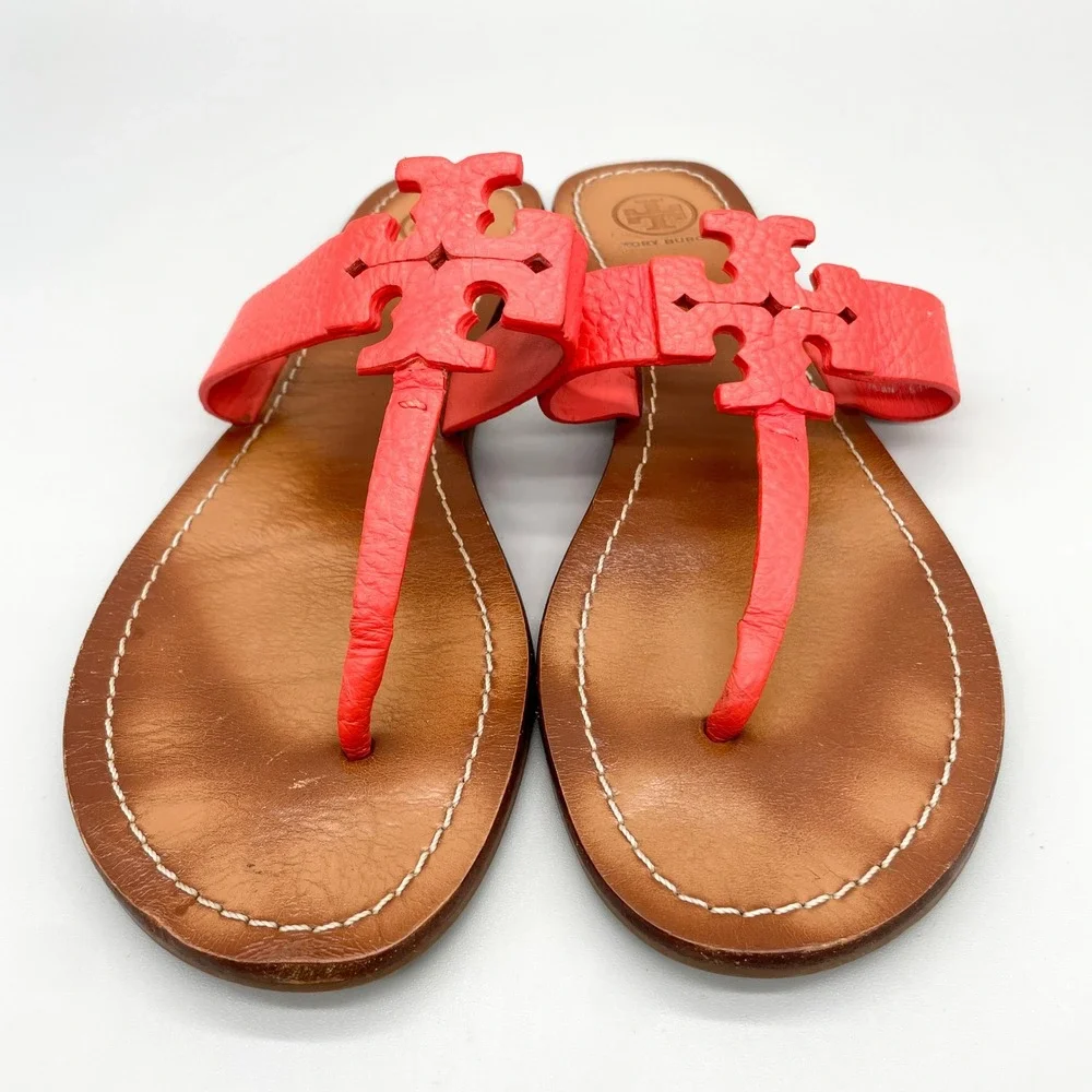 Tory Burch Moore Sandals Womens 10M Poppy Red Leather Logo Thong Flats Preppy